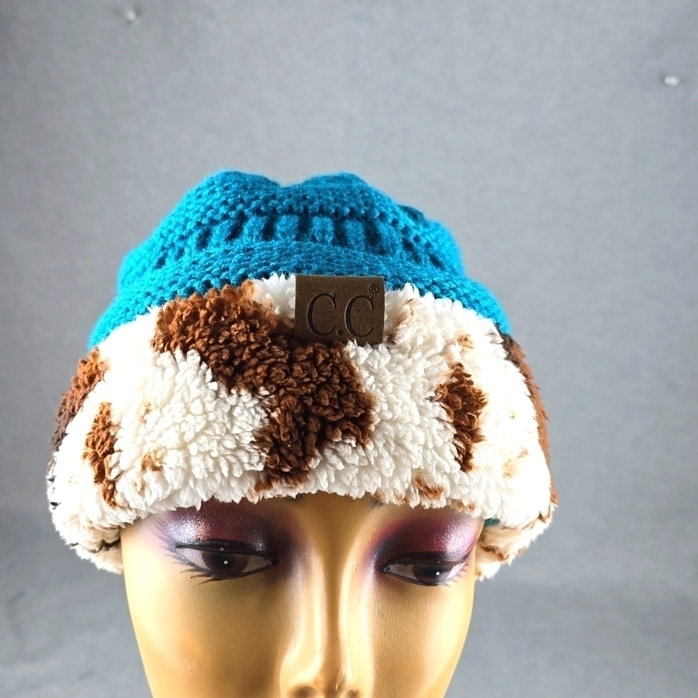 Girly girl beanie cow, print and teal hat women's..